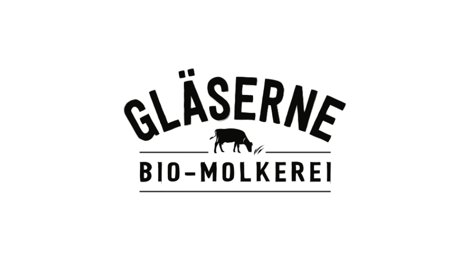 Logo der Gläsernen Molkerei mit Schriftzug Bio-Molkerei und Kuhsymbol