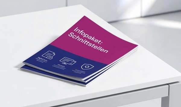 Broschüre mit dem Titel „Infopaket: Schnittstellen“ in Magenta und Dunkelblau auf einem weißen Tisch.