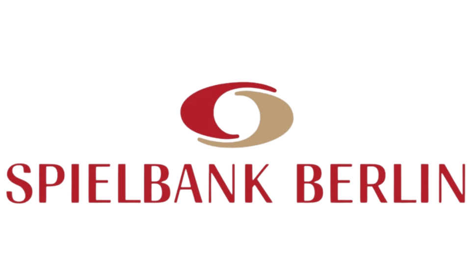 Logo der Spielbank Berlin mit rotem Schriftzug und abstraktem Symbol in Rot und Gold