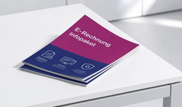 Broschüre mit dem Titel „Infopaket: E-Rechnung“ in Magenta und Dunkelblau auf einem weißen Tisch.
