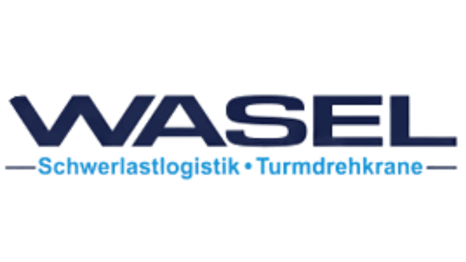 Logo von Wasel mit blauem Schriftzug und Zusatz Schwerlastlogistik und Turmdrehkrane