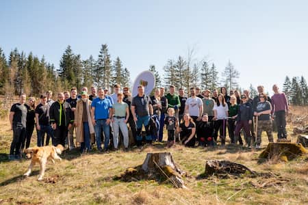 Große Gruppe von Menschen steht gemeinsam auf einer offenen Waldfläche und posiert für ein Gruppenfoto. Im Vordergrund sind Baumstümpfe und eine Wiese zu sehen, im Hintergrund ein Wald. Die Szene zeigt eine gemeinsame Aufforstungs- oder Baumpatenaktion.