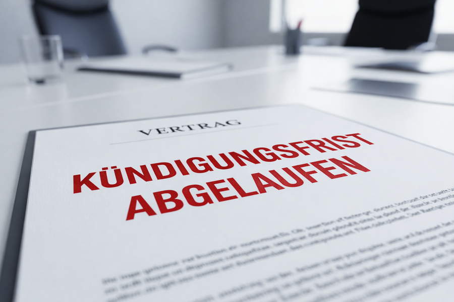Nahaufnahme eines Vertragsdokuments auf einem Schreibtisch. In roter Schrift steht deutlich „Kündigungsfrist abgelaufen“. Im Hintergrund sind unscharf ein Büro, Stühle und Unterlagen zu erkennen.
